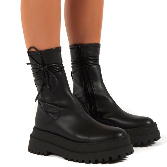 Public Desire Finale Black Chunky Sole Ankle Wrap Boots - Picture 3 of 6